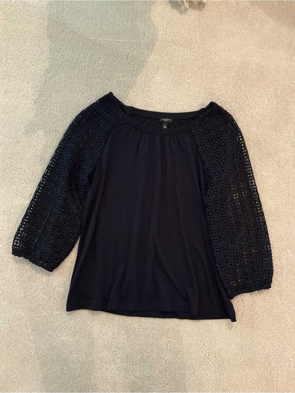 Talbots Navy Lace-Sleeve Women's Blouse with Elastic Neck